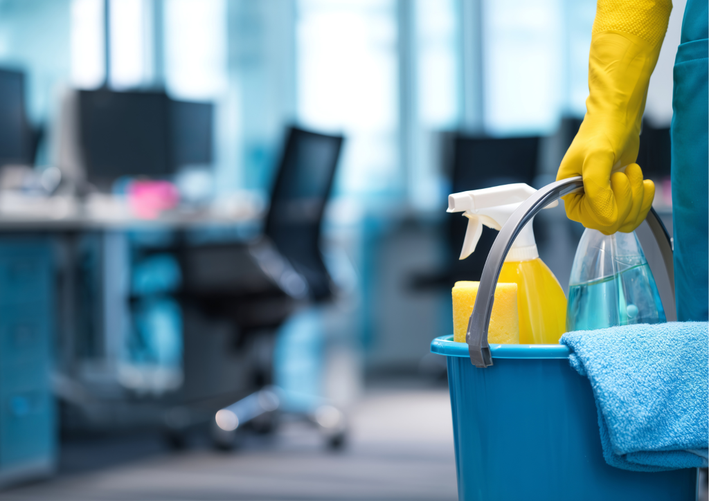 Agent de nettoyage STS avec matériel d’entretien dans des bureaux professionnels