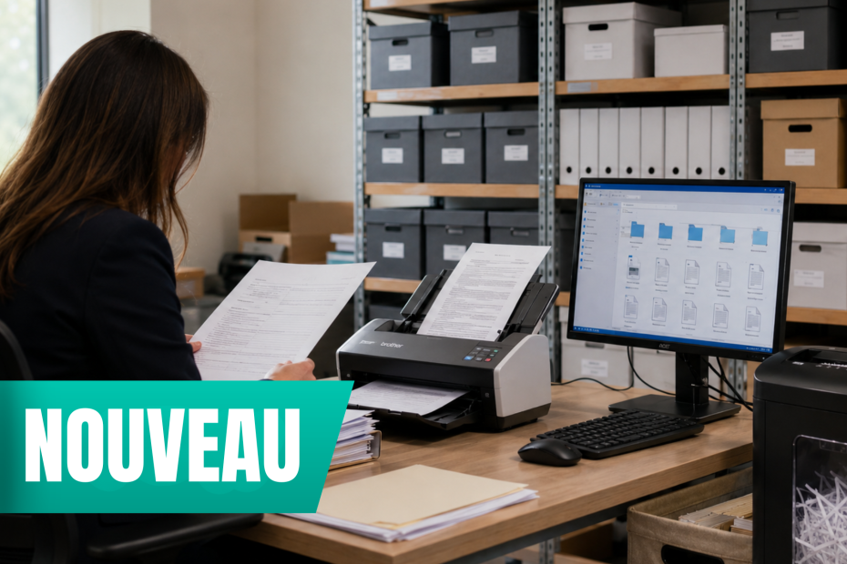 Espace de traitement documentaire avec numérisation, archivage de dossiers et destruction sécurisée de documents.